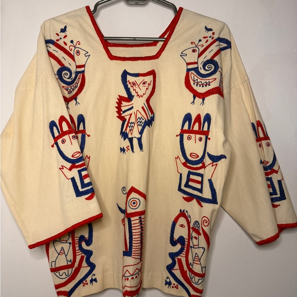 Stunning, very unique hand stitched vintage top with Red and Blue Embroidery